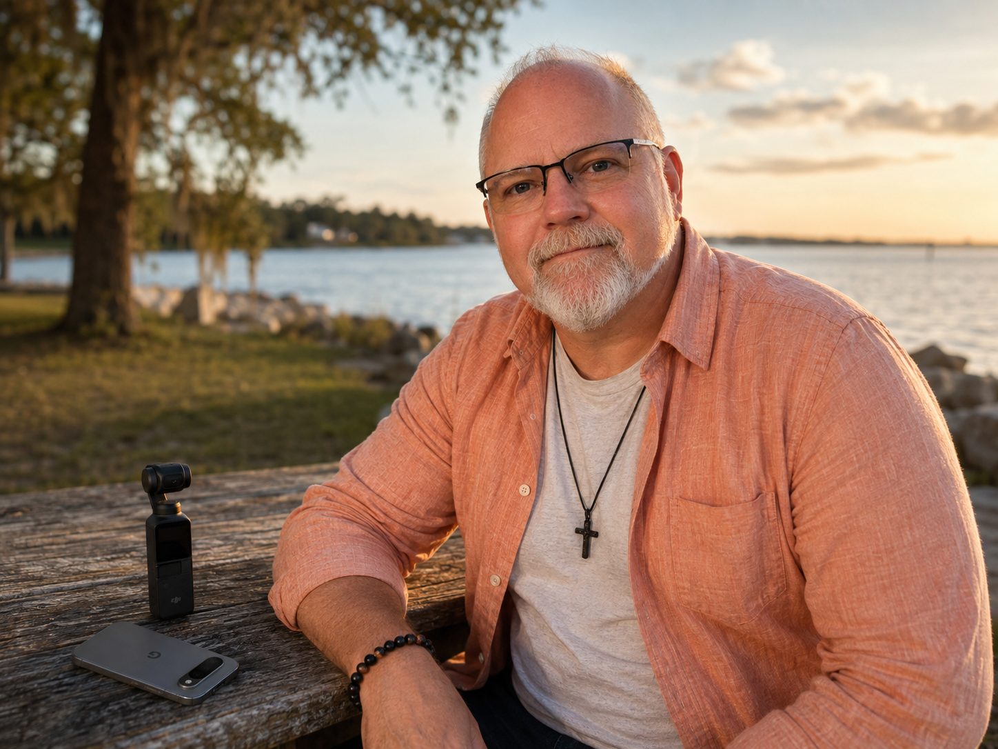 Christian Wiedmann seated at a wooden waterfront table at dusk, camera gear beside him, water and trees in the background.